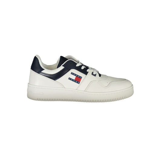 Tommy Hilfiger Blue Leather Men Sneaker with logo, sporty chic design, and removable insole for comfort.