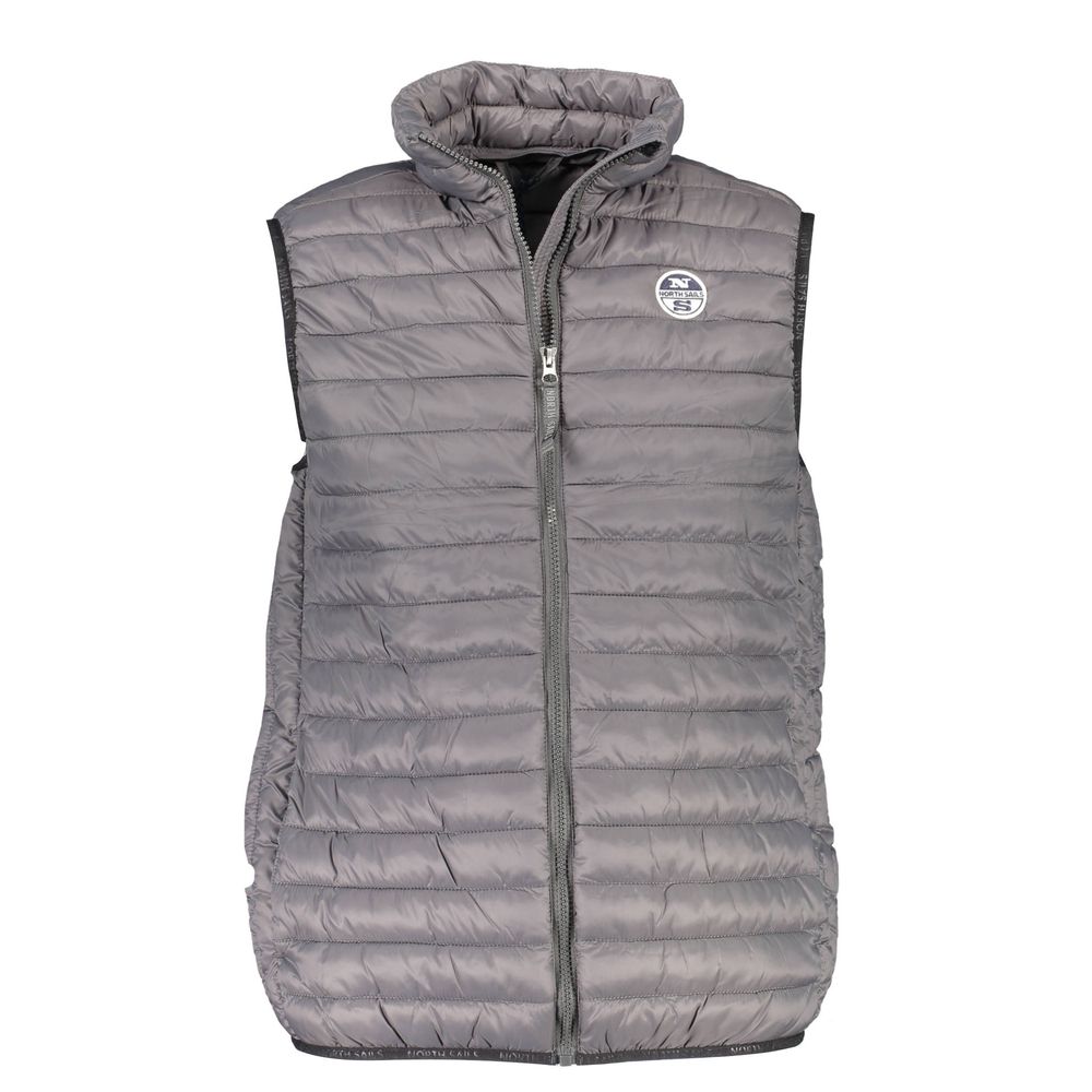 Front view of North Sails Gray Polyamide Men Jacket featuring zip and logo on a gray sleeveless design.