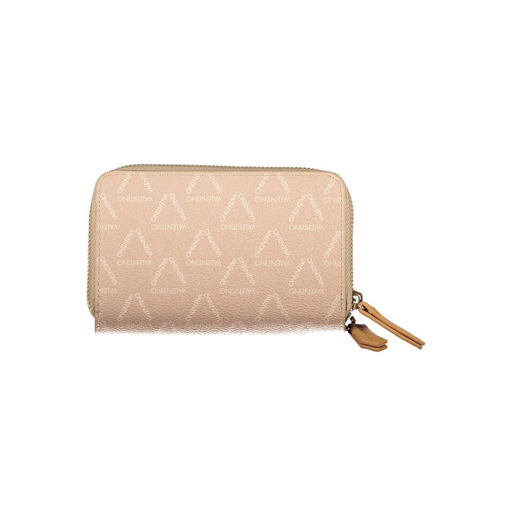 Alt Tag: Mario Valentino Beige Polyethylene Women Wallet with logo zip closure and textured design.