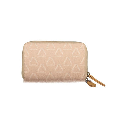 Alt Tag: Mario Valentino Beige Polyethylene Women Wallet with logo zip closure and textured design.