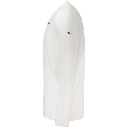 Side view of Pepe Jeans White Cotton Men T-Shirt, slim-fit with long sleeves, showcasing the iconic Pepe Jeans logo and classic crew neck design.