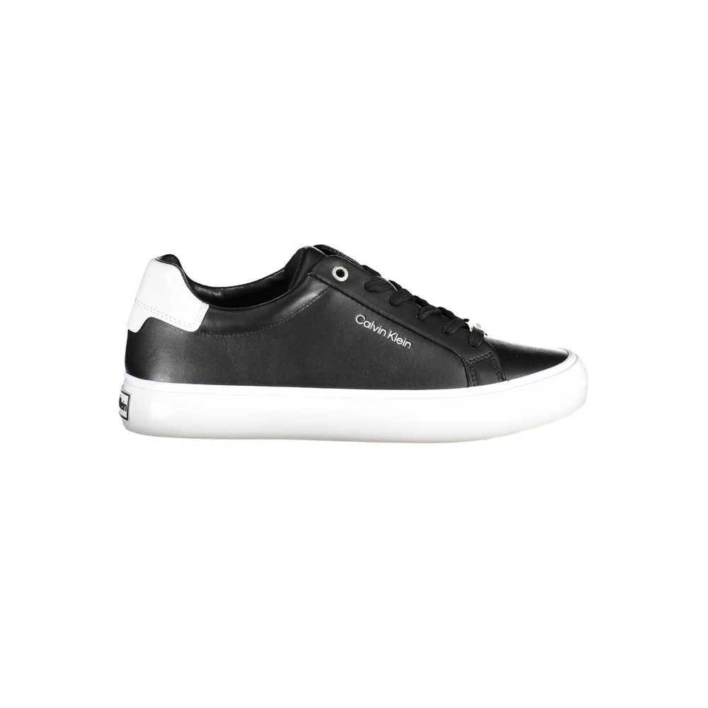 Calvin Klein Black Leather Women Sneaker with contrasting white sole, showcasing urban elegance and sustainable materials.