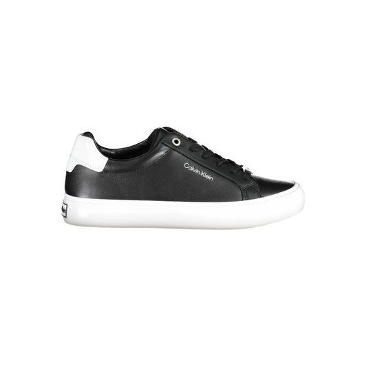 Calvin Klein Black Leather Women Sneaker with bold contrasting details and iconic logo, made from sustainable materials.