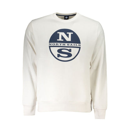 North Sails White Cotton Men Sweater with logo and bold print, featuring a crew neck, long sleeves, crafted from premium cotton for comfort.