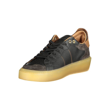 Blauer Black Leather Men Sneaker with lace-up design and contrasting details, featuring removable insole and Blauer logo.