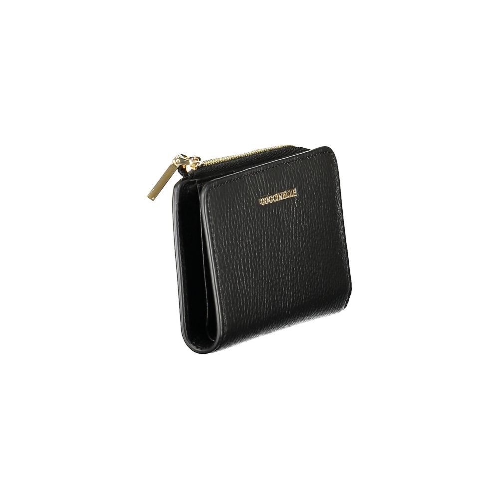 Coccinelle Black Leather Women Wallet with zip closure and triple compartments, made of 100% leather for elegance and functionality.