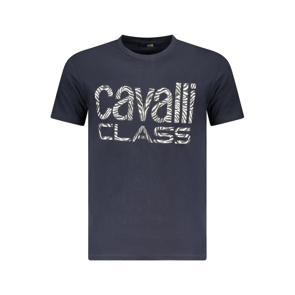 Cavalli Class Blue Cotton Men T-Shirt with bold logo on front, short sleeves, and crew neck for luxury fashion statement.