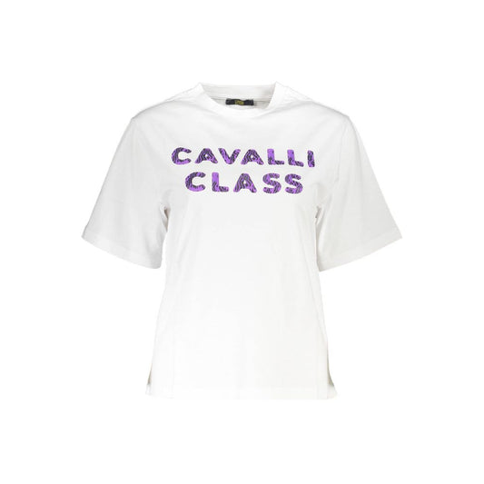 Cavalli Class White Cotton Women T-Shirt with bold print logo on front, short sleeves, and round neck design, crafted for comfort and style.