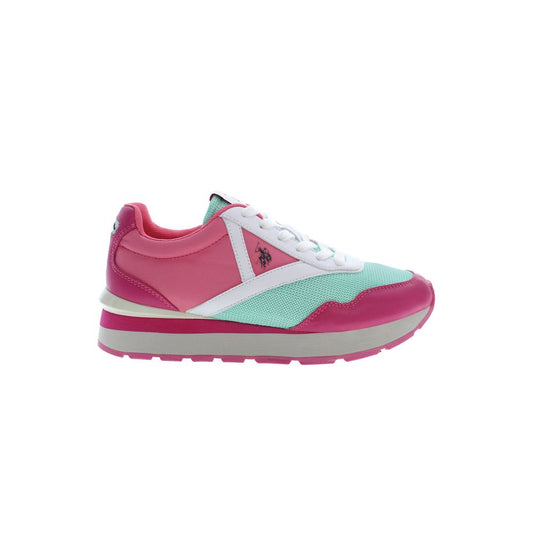 U.S. POLO ASSN. Pink Polyester Women Sneaker with lace-up detail and logo, sporty chic design, side view of pink and white shoe.