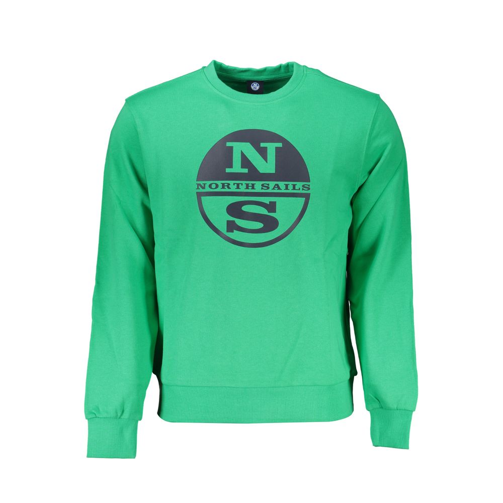 North Sails Green Cotton Men Sweater with logo print on front, featuring crew neck and long sleeves for stylish comfort.