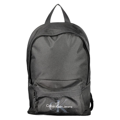 Calvin Klein Black Polyester Backpack with logo, adjustable straps, and multiple pockets, made from recycled materials.