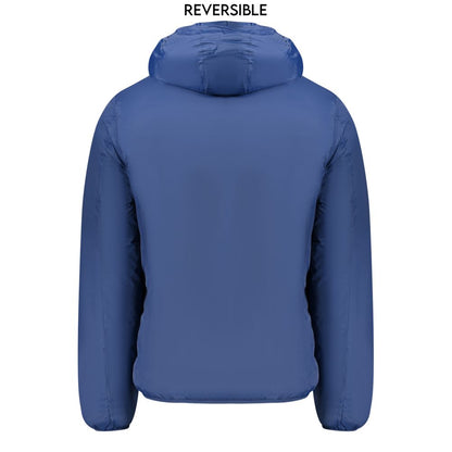 Norway 1963 Blue Polyamide Men Jacket, reversible with hood, back view showing bold blue side, long sleeves.
