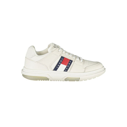 Tommy Hilfiger White Leather Women Sneaker with signature logo and contrasting details, offering style and comfort.