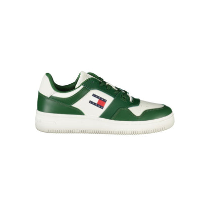 Tommy Hilfiger Green Leather Men Sneaker with iconic logo and removable insole, featuring a striking green and white design.