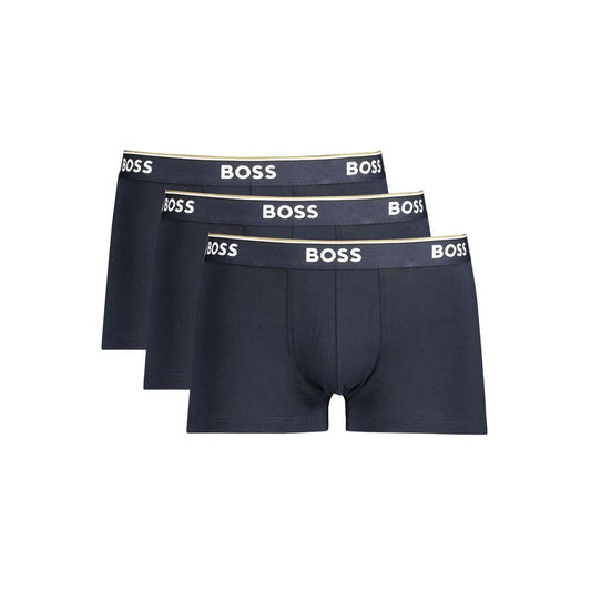 Hugo Boss Blue Cotton Men Boxer Underwear with elastic waistband in a pack of three, featuring the iconic logo for style and comfort.