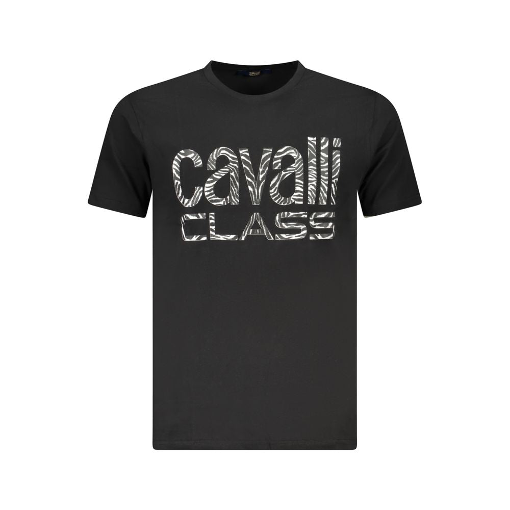 Cavalli Class Black Cotton Men T-Shirt with iconic logo print, offering comfort and bold style in sleek, sophisticated design.