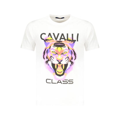 Cavalli Class White Cotton Men T-Shirt with bold print and iconic logo, featuring premium crew neck design for trendy luxury and comfort.