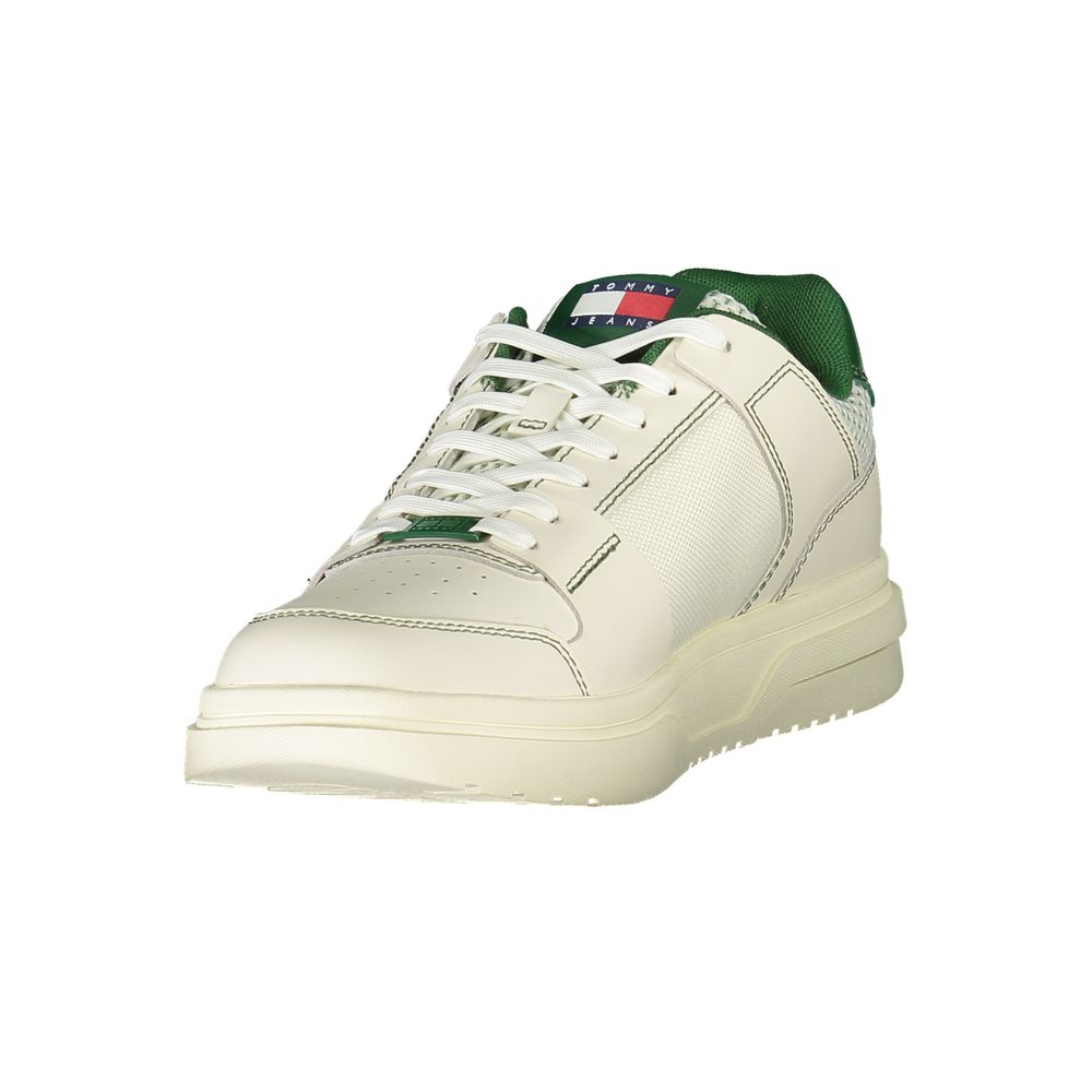 Tommy Hilfiger Green Leather Men Sneaker with eye-catching design, featuring a blend of polyester and leather for style and comfort.