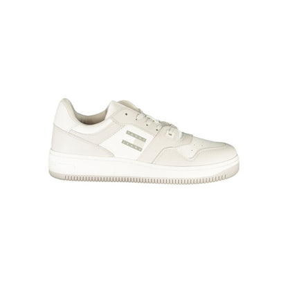 Tommy Hilfiger White Leather Men Sneaker with grey accents, featuring iconic branding and removable footbed for casual outings.