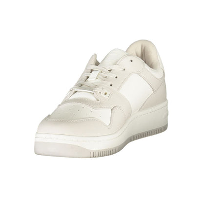 Tommy Hilfiger White Leather Men Sneaker with grey accents, showcasing iconic branding and stylish design.