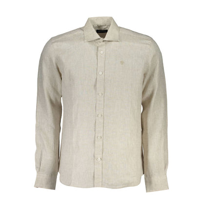 North Sails Beige Linen Men Shirt featuring long sleeves, Italian collar, 1-button cuffs, and iconic embroidery logo, crafted for timeless style.