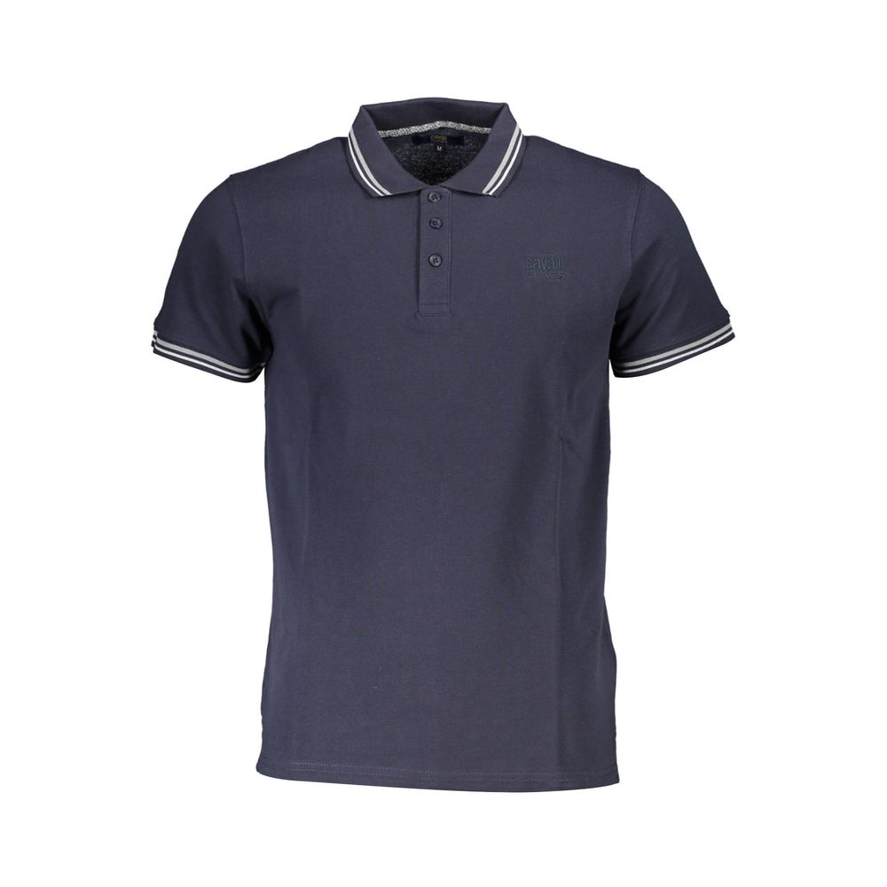 Cavalli Class Blue Cotton Men Polo Shirt with embroidery, short sleeves, button-up design, offering stylish Italian sophistication.