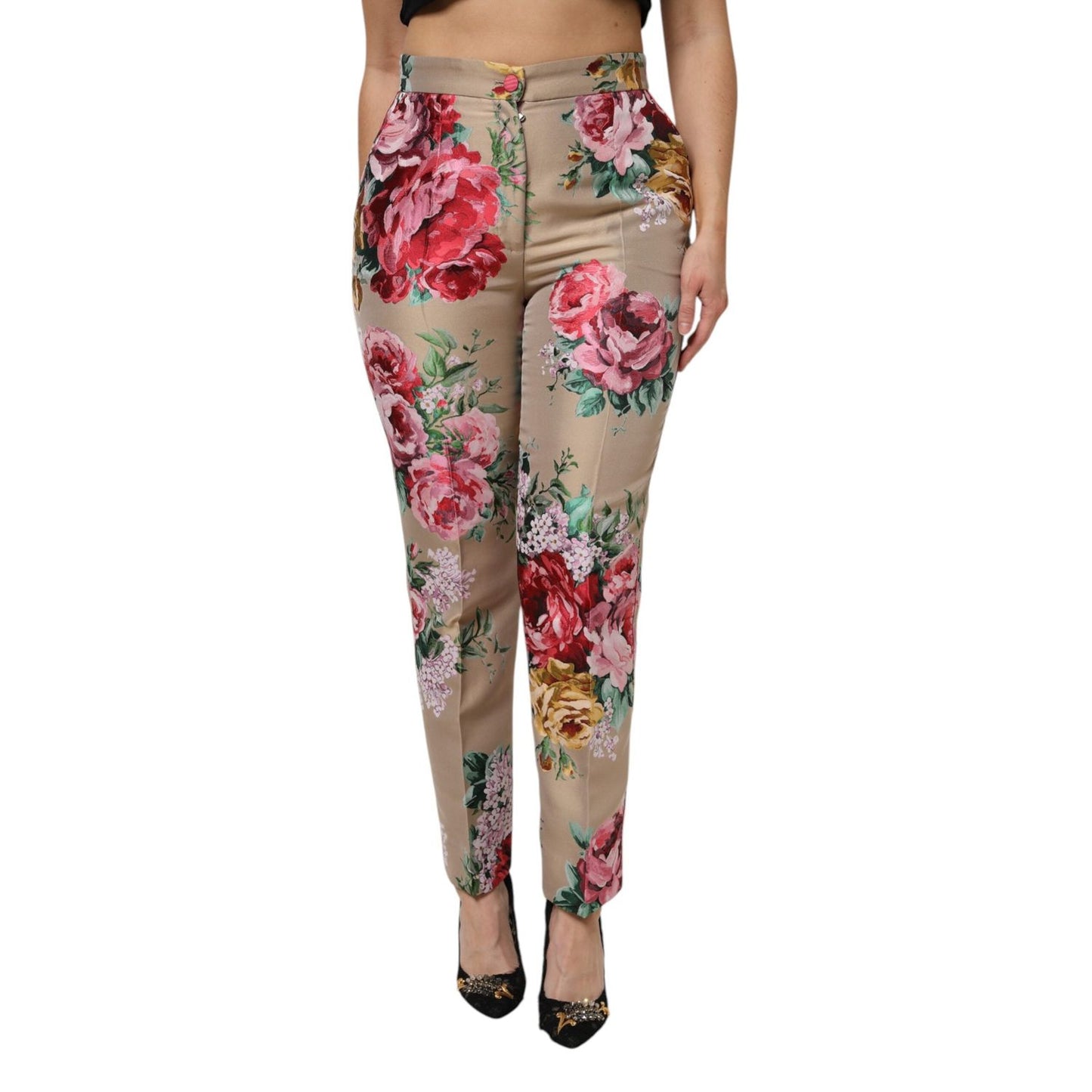 Dolce & Gabbana Beige Floral Print Women High Waist Pants PAN76499-44