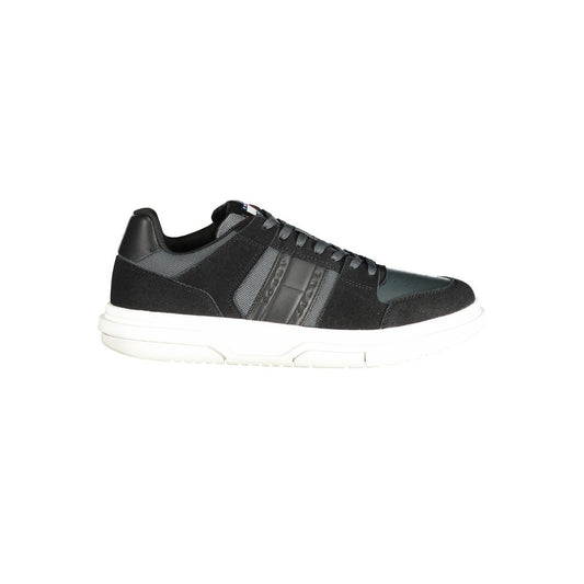 Tommy Hilfiger Black Leather Men Sneaker in sleek design with smoke accents, removable footbed, and iconic logo.