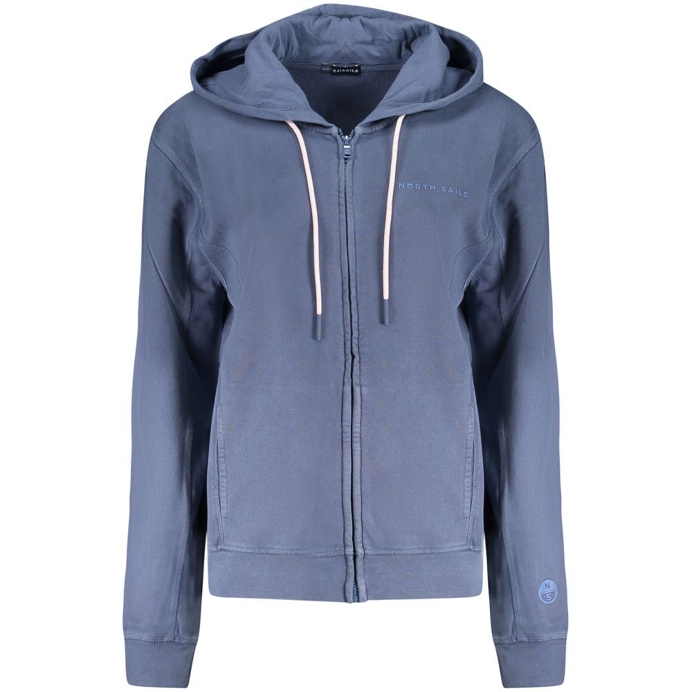 North Sails Blue Cotton Women Sweater with hood, zip closure, and embossed logo, ideal for casual outings.