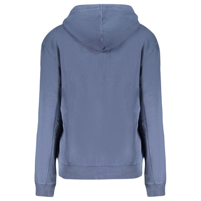Back view of North Sails Blue Cotton Women Sweater with hood, brushed interior, and embossed print.