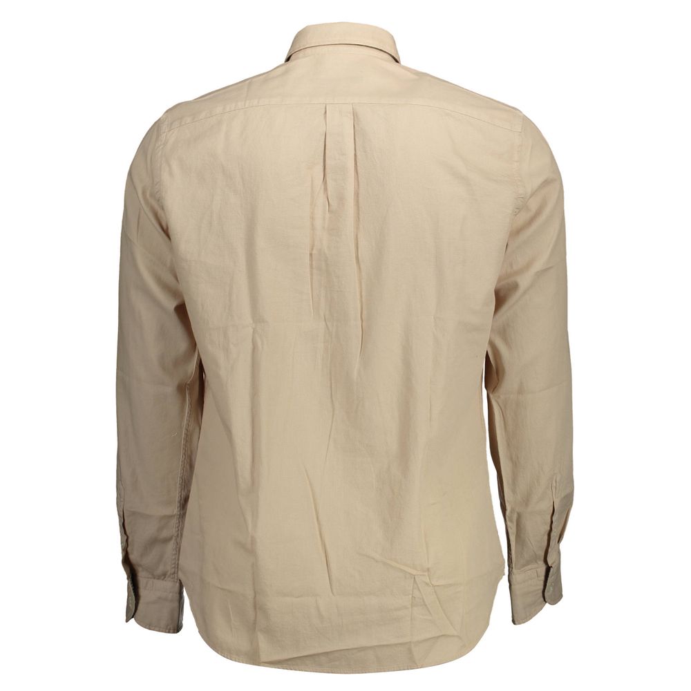 Back view of Harmont & Blaine Beige Cotton Men Shirt with button-down collar and long sleeves