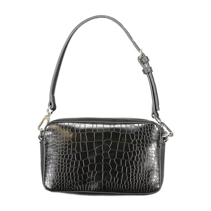 Calvin Klein Black Polyester Handbag with croc texture, adjustable strap, external pocket, zip closure, and logo detailing.