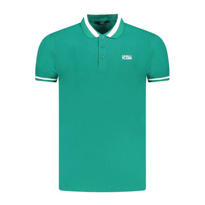 Cavalli Class Green Cotton Men Polo Shirt with embroidery logo and contrasting details, perfect for casual or smart-casual events.