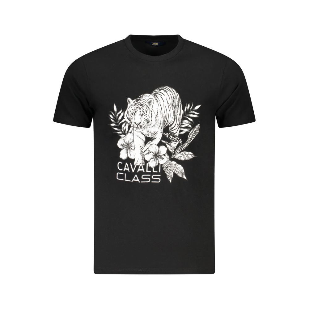 Cavalli Class Black Cotton Men T-Shirt with bold print and logo, short sleeve crew neck for stylish casual or evening wear.