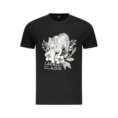 Cavalli Class Black Cotton Men T-Shirt with bold print and logo, short sleeve crew neck for stylish casual or evening wear.