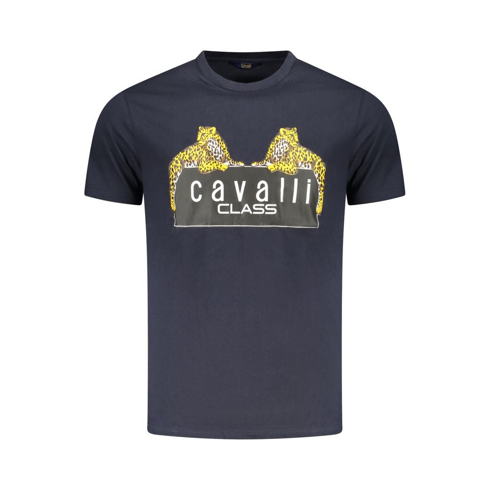 Cavalli Class Blue Cotton Men T-Shirt with striking logo print, short sleeve, crew neck, luxury casual wear, bold and sophisticated design.