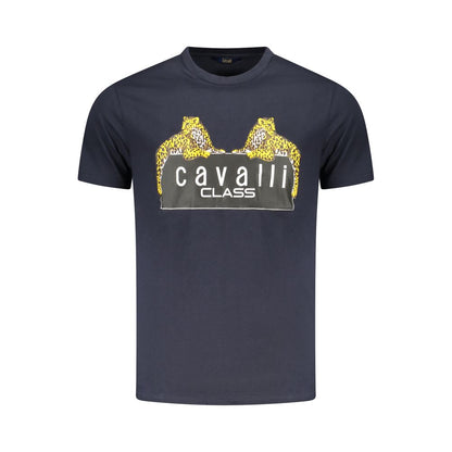 Cavalli Class Blue Cotton Men T-Shirt with striking logo print, short sleeve, crew neck, luxury casual wear, bold and sophisticated design.