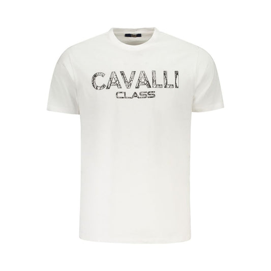 Cavalli Class White Cotton Men T-Shirt featuring bold print and iconic logo