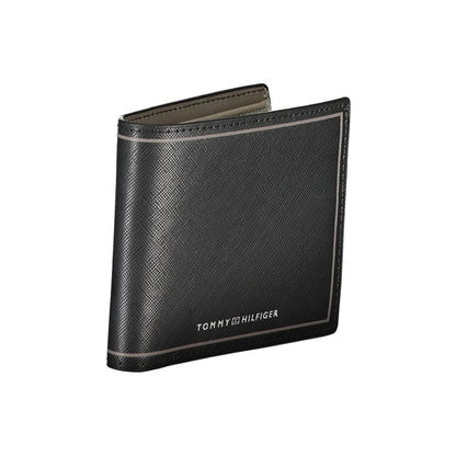 Tommy Hilfiger Black Leather Wallet with two compartments, coin purse, card spaces, contrast details, and logo.