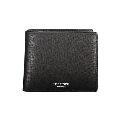 Tommy Hilfiger Black Leather Wallet with logo, 2 compartments, coin purse, card spaces, and contrast details