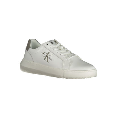 Calvin Klein White Leather Men Sneaker with a sustainable rubber sole and grey accents, ideal for modern style and comfort.