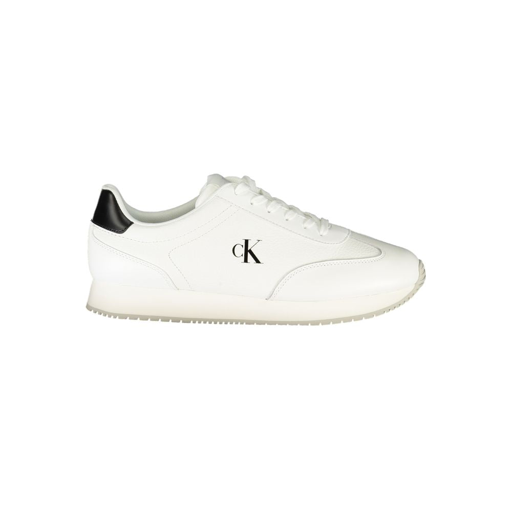 Calvin Klein White Leather Men Sneaker with black accents and CK logo, ideal for combining comfort with sleek style.