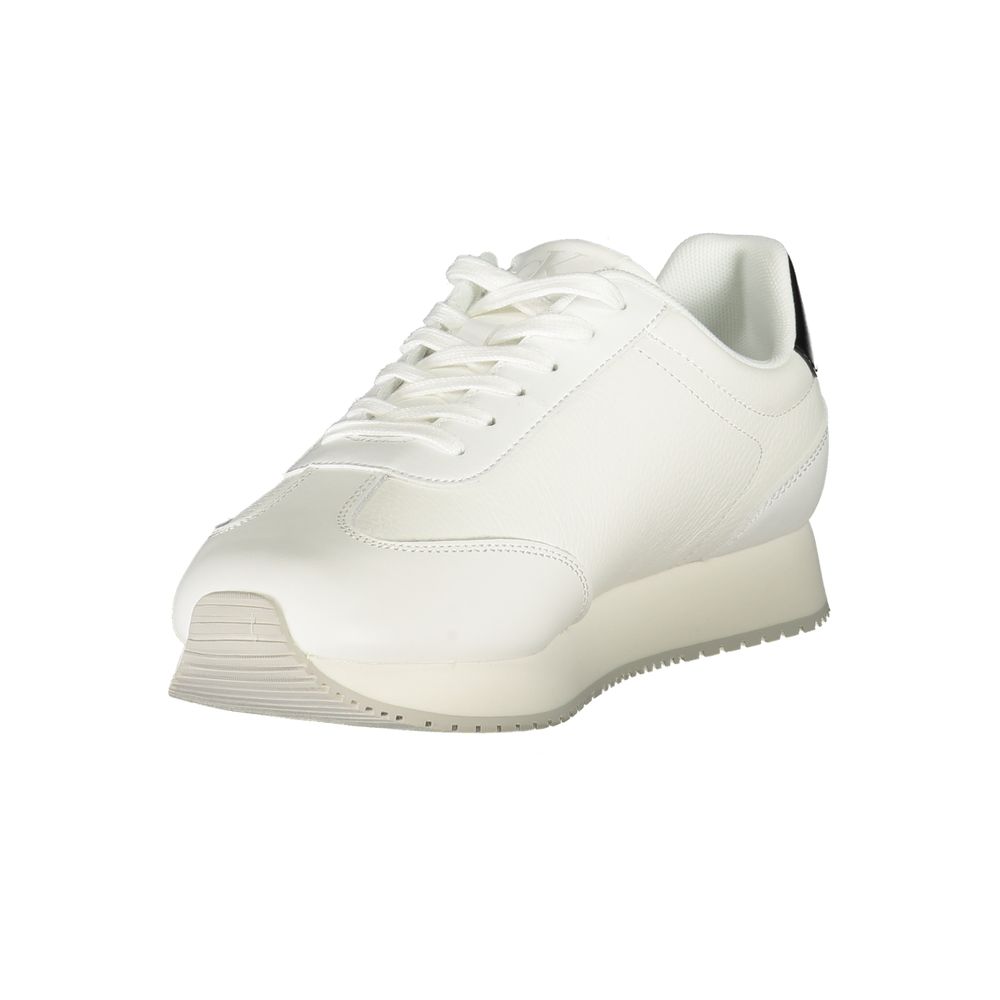 Calvin Klein White Leather Men Sneaker; sleek design with black details, cushioned comfort, iconic logo, suitable for dynamic style.