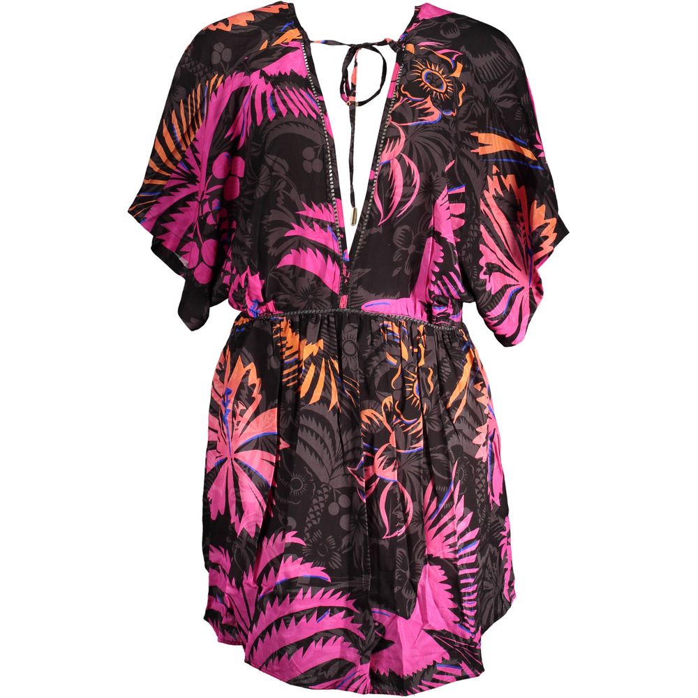 Desigual Black Cotton Women Dress with V-neck, bare back, and elastic waist, featuring vibrant pink and orange floral patterns.