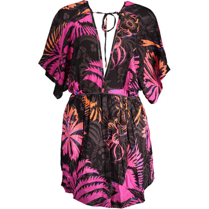 Desigual Black Cotton Women Dress with V-neck, bare back, and elastic waist, featuring vibrant pink and orange floral patterns.