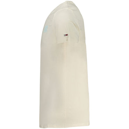 Side view of Tommy Hilfiger Beige Cotton Men T-Shirt with short sleeves, showcasing its sleek design and iconic logo on sustainable cotton.