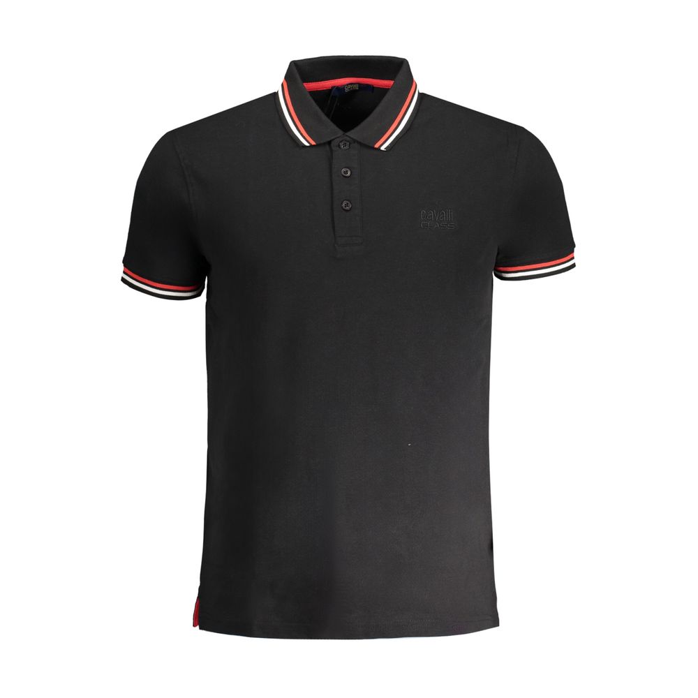 Cavalli Class Black Cotton Polo Shirt with short sleeves, 3 buttons, contrast details, embroidery, and logo.