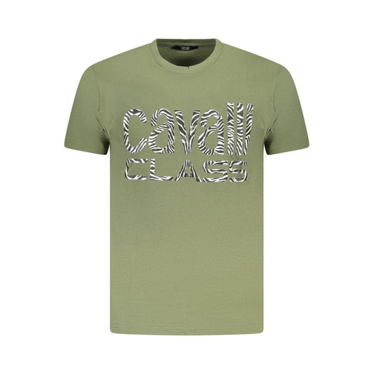 Cavalli Class Green Cotton Men T-Shirt with bold logo print, short sleeve crew neck.