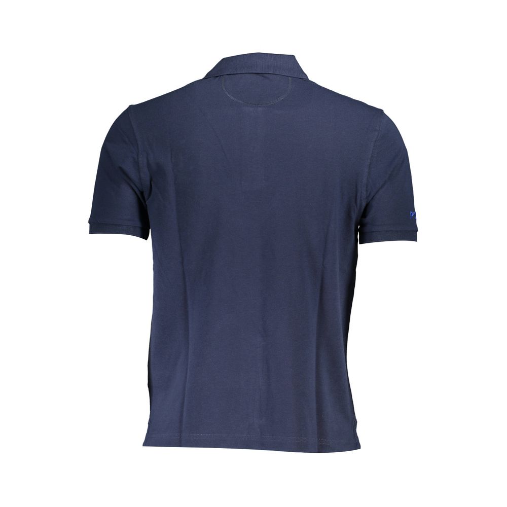 Back view of La Martina Blue Cotton Men Polo Shirt with short sleeves and embroidered logo on blue fabric.