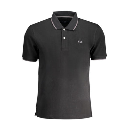 La Martina Black Cotton Men Polo Shirt with logo and embroidery, short-sleeve, regular fit, premium cotton.